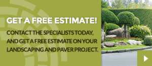 A promotional banner with text offering a free estimate for landscaping and paver projects. The right side shows a neatly landscaped garden with trimmed bushes, rocks, and a paved area.