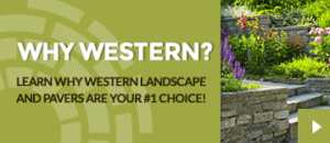 Promotional banner with the text “WHY WESTERN? Learn why Western Landscape and Pavers are your #1 choice!” next to a photo of a landscaped garden with stone pavers and colorful flowers.
