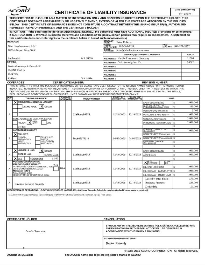 A completed Certificate of Liability Insurance form listing the insured as Lane Pavers LLC, detailing policy numbers, coverage limits for general liability, auto, and workers compensation, with effective and expiration dates.