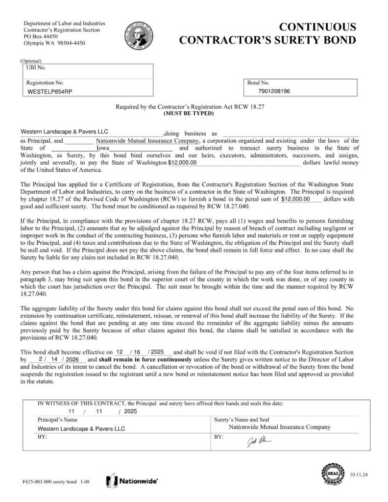A filled-out surety bond form from the Washington State Department of Labor and Industries for Western Landscapes & Pavers LLC, showing bond amount, signatures, and details about the bond agreement.